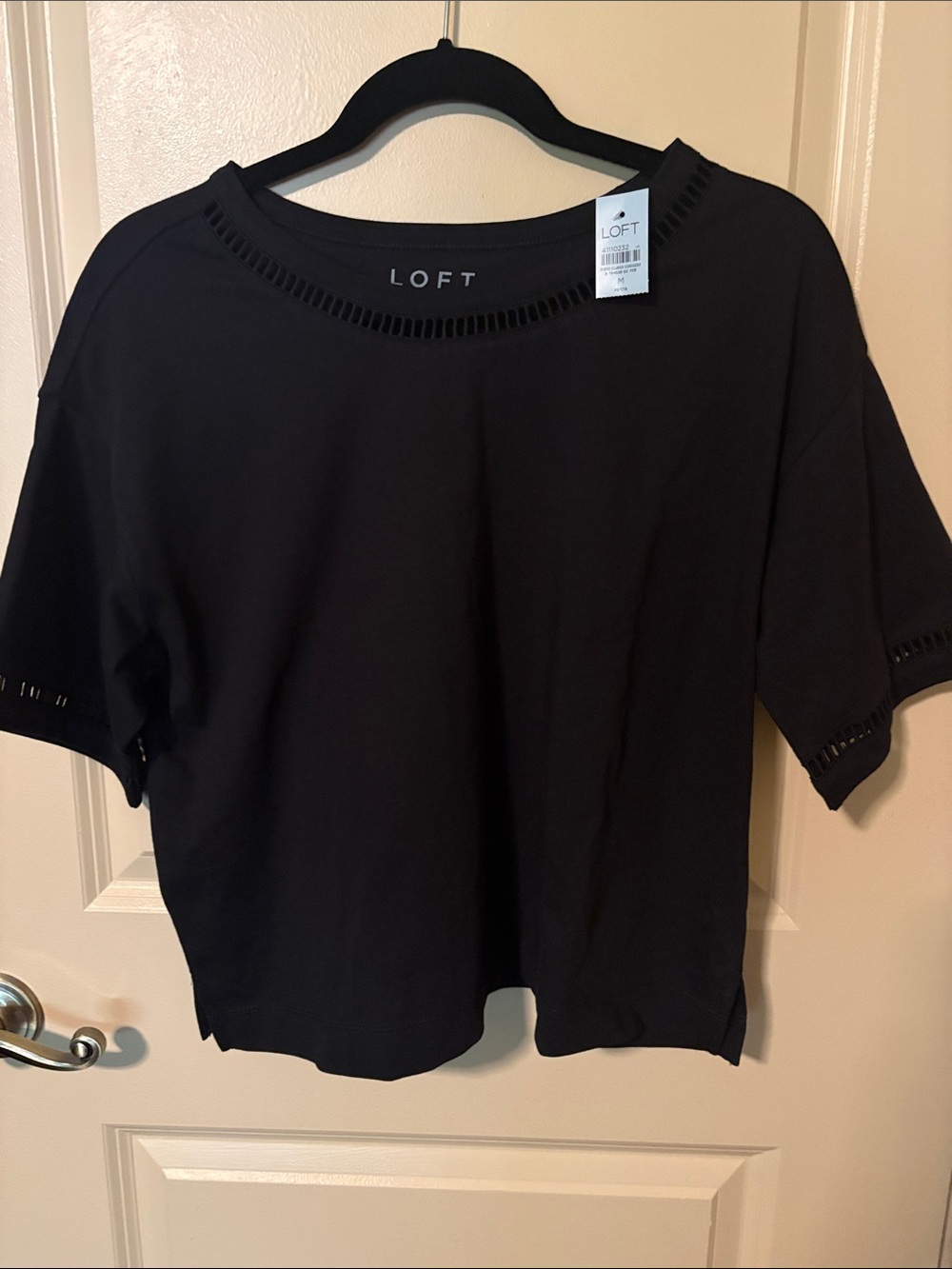 LOFT Black Short Sleeve Knit Top with Eyelet Trim